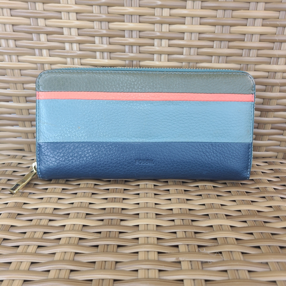 Fossil Long Leather Wallet Clutch Zip Around Stripe Blue Cards Cash Organizer